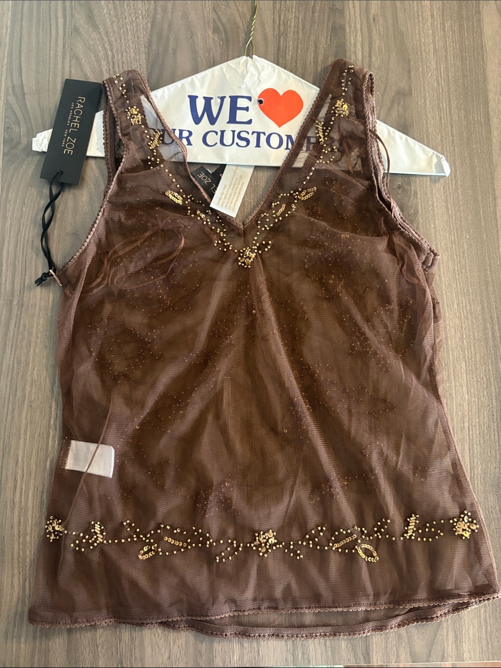 Sheer Embellished Brown V-Neck Mesh Tank Top - Picture 14 of 17
